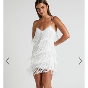 SHOWPO SIOFRA MINI DRESS - ZIG ZAG FRINGE DRESS IN WHITE